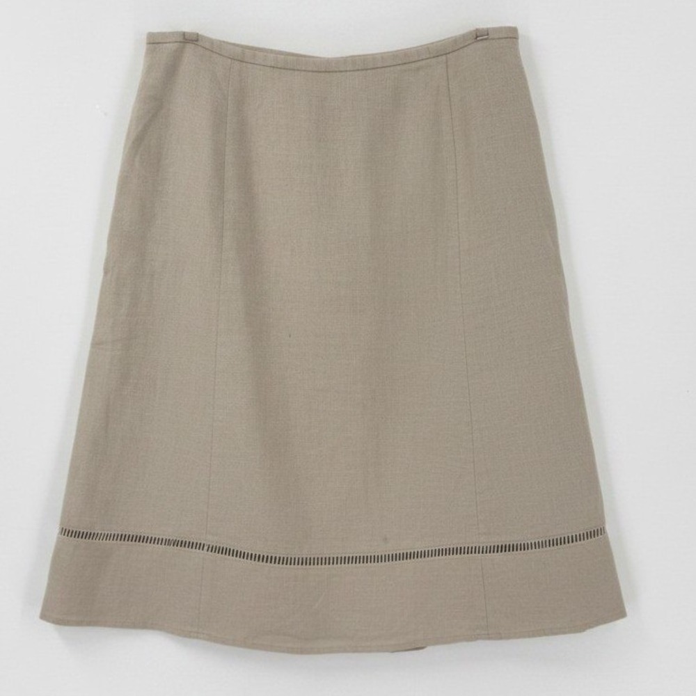 Talbots Linen A-Line Midi Skirt Openwork Hem Panel Beige Side Zip Size 16P‎